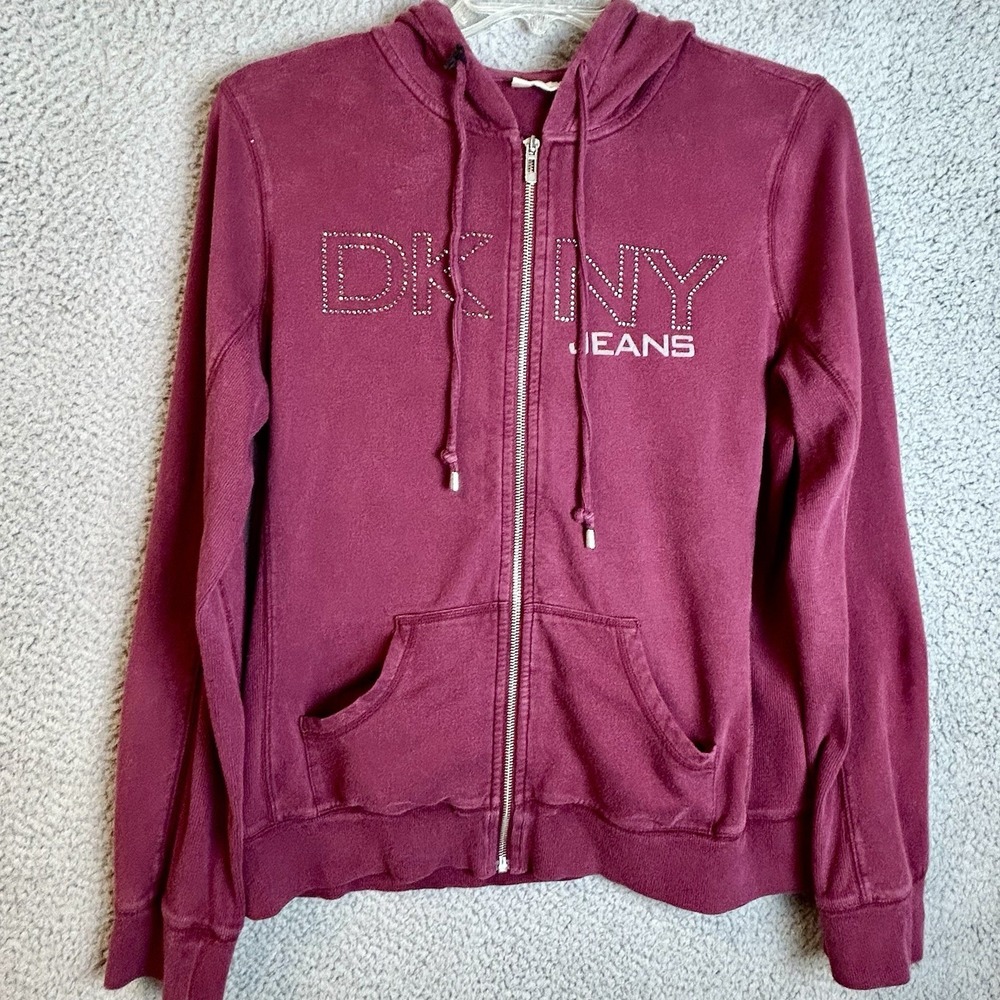 VTG DKNY Jeans Y2K Full Zip Hoodie Sweatshirt Size XL Bling Logo Faded Maroon